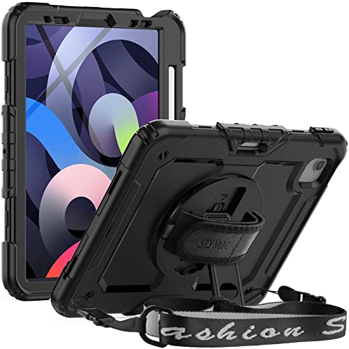 SEYMAC iPad Air 5th/ 4th Generation Case 10.9 Inch, Full-Body Shockproof Protective with Screen Protector, 360° Rotating Stand/Handle/Shoulder Strap/Pencil Holder, Black