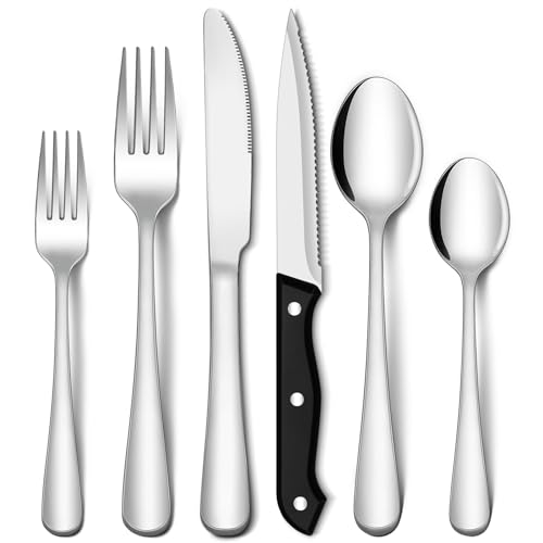 EUIRIO 48-Piece Silverware Set with Steak Knives, Heavy Duty Stainless Steel Flatware Set for 8, Food-Grade Tableware Cutlery Set, Utensil Sets for Home Restaurant, Mirror Finish, Dishwasher Safe