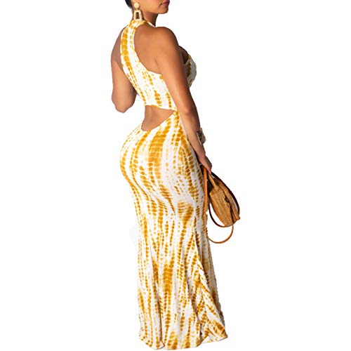 Beach Dresses for Women - Boho Floral Halter Sexy Summer Beach Maxi Dress Casual Vacation Sun Dresses Yellow+White L