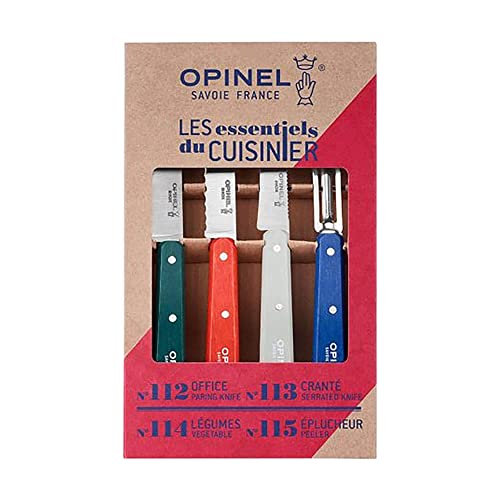 Opinel Les Essentials - Small Kitchen 4 Piece Knife Set - Paring Knife, Serrated Knife, Peeler, Vegetable Knife, Corrosion Resistant High Carbon Steel, Made in France (Primo)