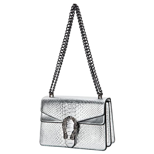 DEEPMEOW Crossbody Shoulder Evening Bag for Women - Snake Printed Leather Messenger Bag Chain Strap Clutch Small Square Satchel Purse（Silver）