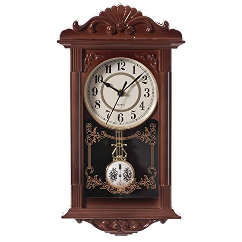 Clockswise Vintage Grandfather Wood-Looking Plastic Pendulum Decorative Battery-Operated Wall Clock Brown, for Office, Home Decor, Living Room, Kitchen, or Dining Room,Brown