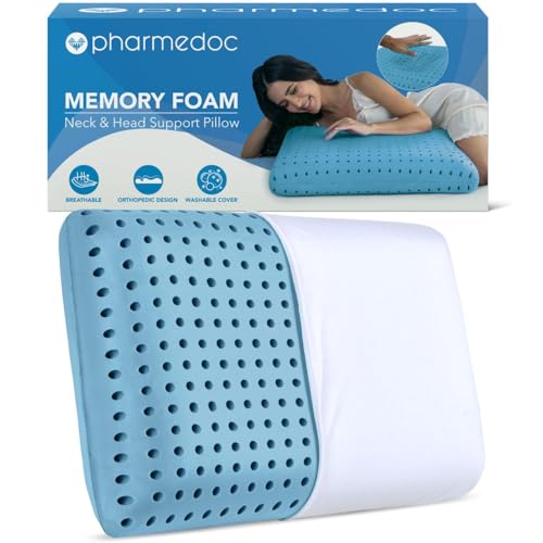 Pharmedoc Cooling Memory Foam Pillows, 1 Pack, Ventilated Cool Blue Bed Pillow, Reading and Bed Rest Pillows, Standard, Back Sleeper and Side Sleeper Support, Sleeping Pillows for Adults