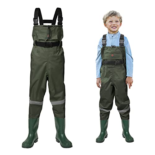 HISEA Kids Chest Waders Youth Fishing Waders for Toddler Children Waterproof Hunting Waders with Boots & Reflect Safety Band
