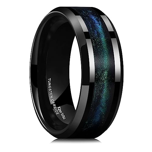 King Will Tungsten Carbide Wedding Band for Men - 8mm Black High Polished Inlay Blue Green Sand for Everyday Wear Comfort Fit 9