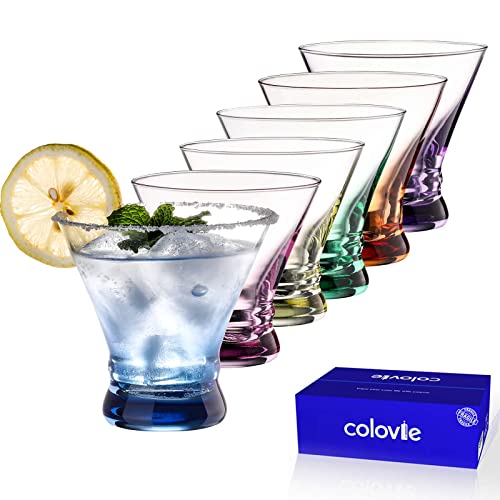 ColoVie Martini Glasses Set of 6 - Cocktail Glasses - 8oz Stemless Margarita, Bar, Dessert Glass - Colored Liquor Drinking Glassware - Cosmo, Manhattan, Espresso Martini - Cocktail Party Gift for Her