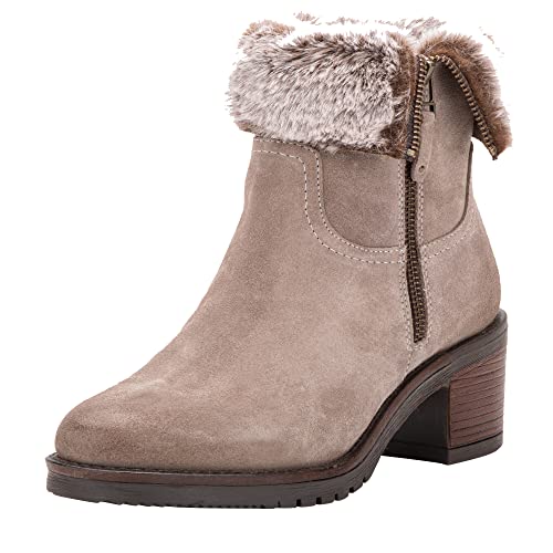 Vintage Foundry Co. Jeanette Women’s Fashion Classy Elegant Biker Rugged Fur-Lined Taupe Soft Leather Side Zip-up Ankle-Boots, Round-Toe, Chunky Heels Platform, Rubber Lug Sole; Size 6.5