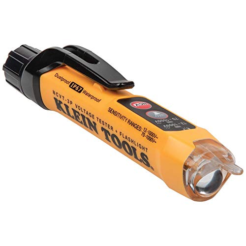 Klein Tools NCVT3P Dual Range Non Contact Voltage Tester, 12 - 1000V AC Pen, Flashlight, Audible and Flashing LED Alarms, Pocket Clip