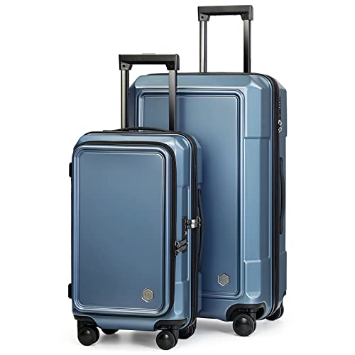 Coolife Luggage 2 Piece Luggage Set Carry On Spinner Suitcase Set with Pocket Compartment Weekend Bag Hardside Trunk (blue_zipper type, 2-piece Set)