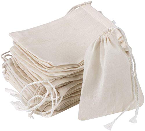 GIYOMI 20 Pcs Muslin Drawstring Bags,Natural Unbleached Cotton Straining Herbs Cheesecloth Bags, Coffee Tea Brew Bags, Soup Gravy Broth Stew Bags, Bone Broth Brew Bags,Spice Bags, 4 x 3 Inches