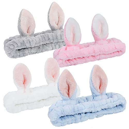 Ygreato 4 Pack Elastic Makeup Headbands for Women, Girls' Soft Flannel Bunny Ears Headbands Head Wraps, SPA Headband for Washing Face