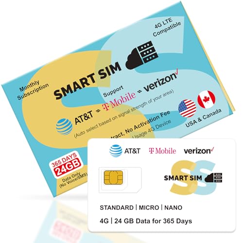 SmartSim 24GB 365Days Prepaid SIM Card 4G LTE Support AT&T, T-Mobile and Verizon Network| USA Data Only SIM Card for WiFi Router,Mobile Hotspot, Security/Trail Camera- No Contract,No Voice&Text