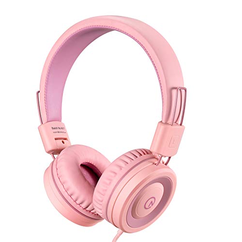 noot products Kids Headphones K11 Foldable Stereo Tangle-Free 5ft Long Cord 3.5mm Jack Plug in Wired On-Ear Headset for iPad/Girls/Boys/School/Laptop/Travel/Plane/Tablet-Soft Pink