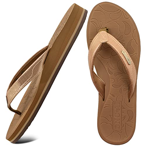 ONCAI Flip Flops For Women Yoga Mat Non-Slip Thong Sandals Summer Beach Slippers With Arch Support Khaki Size 8