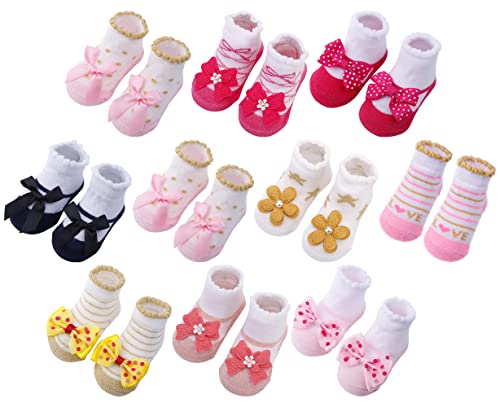 Toptim Newborn Baby-girls Socks and Bow Infant Toddler Ankle Socks (0-6 Months, 10 Pack)