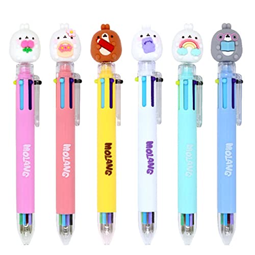 Molang Figure 6-Colors Ballpoint Pen (0.7mm) - 2pcs Set - Kawaii Korean Stationery, Cute Multi-Color Writing Tool, School & Office Supplies