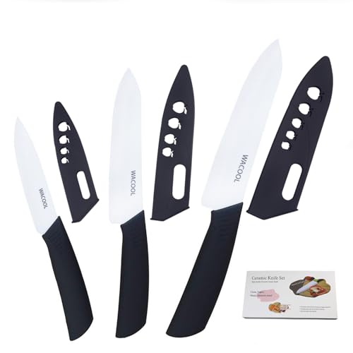 WACOOL Ceramic Knife Set with Sheaths, include 3-Piece: 6-inch Chef's Knife, 5-inch Utility Knife, 4-inch Fruit Paring Knife (Black Handle)