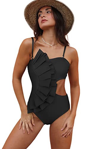 SPORLIKE Women One Piece Swimsuit Flounce Swimwear Hole Out Bathing Suit Padded Monokini(Black,Large)