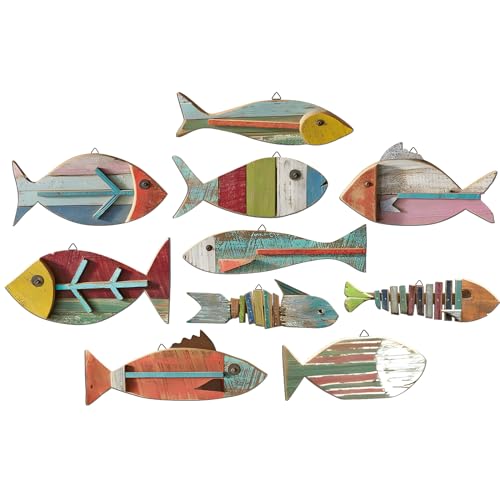 Yuntau 10 Pcs Fish Wall Decor Wooden School of Fish Wall Art Beach Nautical Coastal Theme Fish Wall Hanging Decor Ocean Fish Wall Art Outdoor Lake House Home Vintage Decor Not 3D Pattern(Stylish)