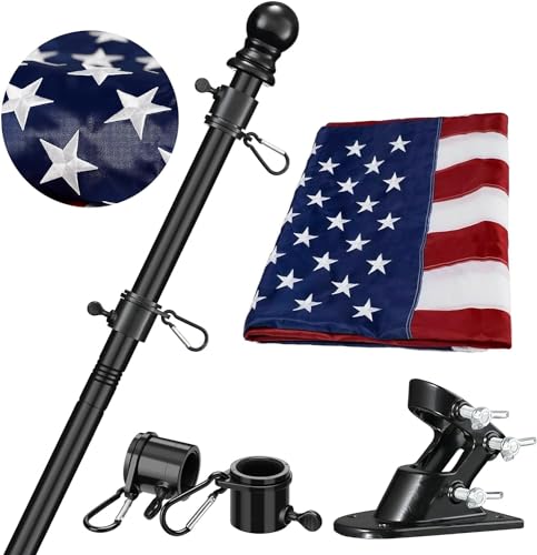 Flag Pole for House with American Flag-Black Flagpoles Residential Kit with 6FT Tangle Free Metal Flag Poles,3x5 Embroidered US Flag and Holder Bracket,Stainless Steel for Outside Porch,Outdoor,Boat