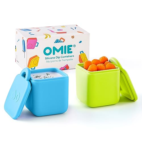OmieBox (2 pack) Leakproof Dips Containers To Go, Salad Dressing Container, Condiment Container with Lids - Food Safe Silicone - 4 ounces (Blue/Lime)