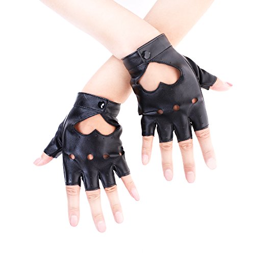 JISEN Sexy Women Heart Cutout Punk Half Finger PU Leather Performance Gloves Black, One Size