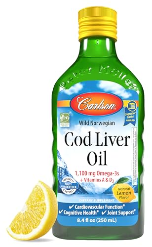 Carlson - Cod Liver Oil, 1100 mg Omega-3s, Liquid Fish Oil Supplement, Wild-Caught Norwegian Arctic, Sustainably Sourced Nordic Liquid, Lemon, 250 ml