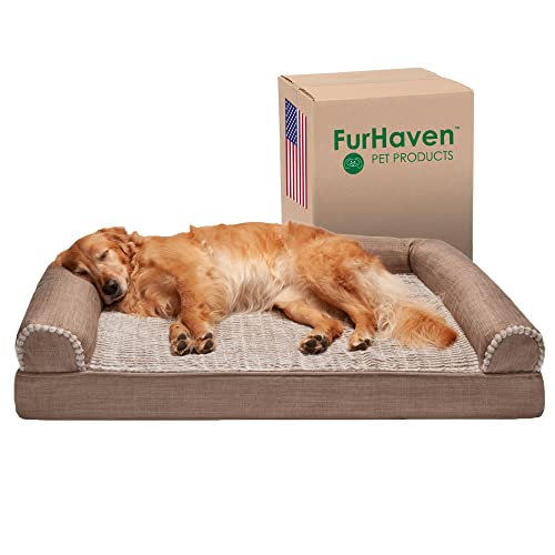 Furhaven Orthopedic Dog Bed for Large Dogs w/ Removable Bolsters & Washable Cover, For Dogs Up to 95 lbs - Luxe Faux Fur & Performance Linen Sofa - Woodsmoke, Jumbo/XL