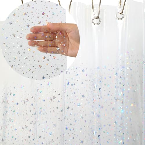 ZEMAHOME Holographic Thin 3D EVA Shower Curtain Liner Glitter Star, 72x72 Premium Light Weight Clear Plastic Bathroom Shower Curtain with Rustproof Metal Grommets for Shower Stall, Bathtubs(No Hooks)