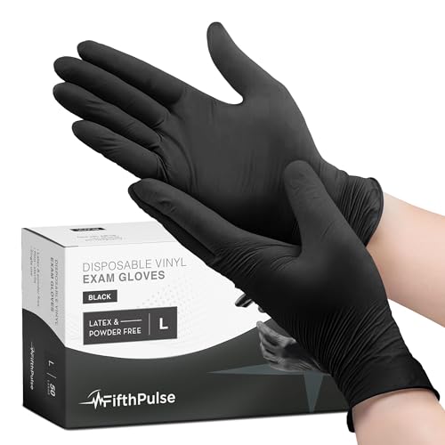 FifthPulse Black Vinyl Disposable Gloves Large 50 Pack - Latex Free, Powder Free Medical Exam Gloves - Surgical, Home, Cleaning, and Food Gloves - 3 Mil Thickness