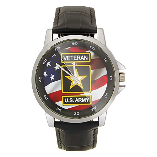 Special Design Military US Army Veteran and American Flag Custom Unisex Stainless Steel Leather Strap Watch Metal Case, Tempered Glass, Black Leather Band