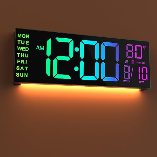 JALL 16' Large Digital Wall Clock with Remote Control, Dual Alarm with Big LED Screen Dispaly, 8 RGB Colors, Auto DST, Temperature for Living Room, Bedroom, Decor, Gift for Elderly (Black, 16 inches)