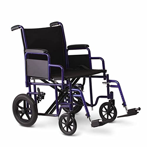 Medline Heavy Duty Transport Chair supports up to 500 lbs., Bariatric Transport Wheelchair, 22' x 18' seat, Blue Frame