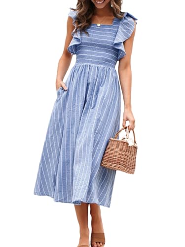 Miessial Women's Striped Linen Long Dress Elegant Ruffle Cap Sleeves Midi Dress Bleu 4-6