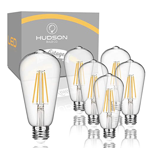 HUDSON BULB CO. Vintage Edison LED Light Bulbs 6W (6 Pack), Soft White, Non-Dimmable, E26/E27 Base, ST58 Style, 60 Watt Equivalent