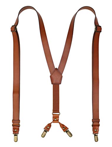 RC ROCKCOW Genuine Leather Suspenders for Men, Y Design Leather Suspenders with 4 Metal Clips, Groomsmen Gift for Wedding