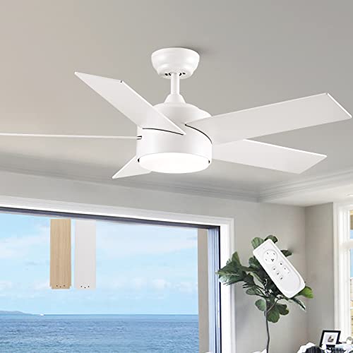POCHFAN 44 inch White Ceiling Fan with Lights and Remote Control, Dimmable Ceiling Fans with Lights,3-Color, Quiet Reversible Motor, Wood Modern Ceiling Fan for Bedroom, Living Room, Dining Room