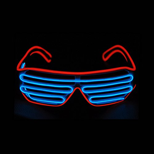 PINFOX Glow Shutter Neon Rave Glasses El Wire Flashing LED Sunglasses Light Up DJ Costumes For Party, 80s, EDM RB03 (Red - Blue)