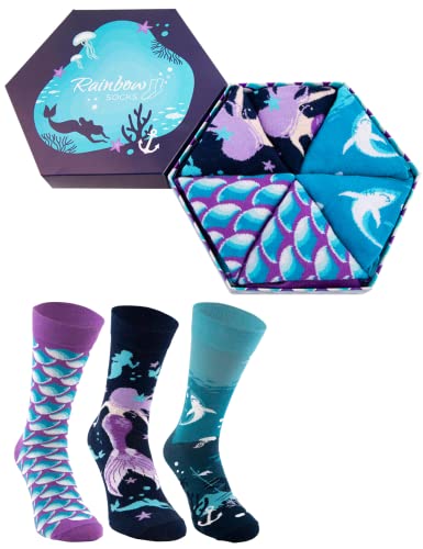 Rainbow Socks - Men Women Funny Mermaid Socks - Novelty Gift for Sirens fan - 3 Pairs - Size US 5.5-9