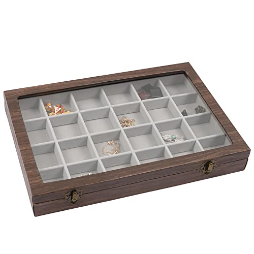 STYLIFING Jewelry Organizer Box 24 Grid, Velvet Jewelry Tray with Clear Lid Stackable Jewelry Display Case for Ring Earring Necklace Bracelet Watch