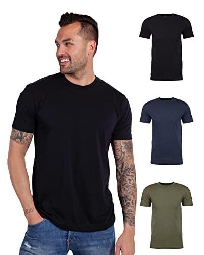 INTO THE AM Premium Men's Fitted Crew Neck Plain Essential Tees 3-Pack - Modern Fit Fresh Classic Short Sleeve T-Shirts for Men (Black/Navy/Olive Green, Large)