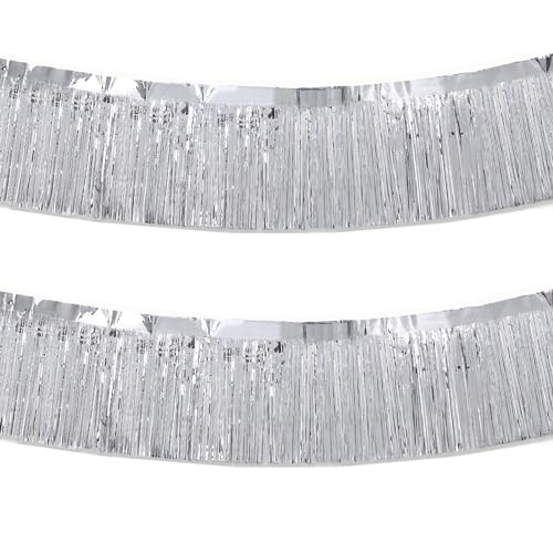 Silver Foil Fringe Garland 10FT 2packs, Metallic Foil Tinsel Fringe Banners for Parade Float Decorations Wedding, Birthday Party Graduation (Two Silver)