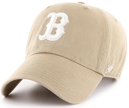 '47 MLB Khaki White Primary Logo Clean Up Adjustable Strap Hat Cap, Adult One Size Fits All (Boston Red Sox)