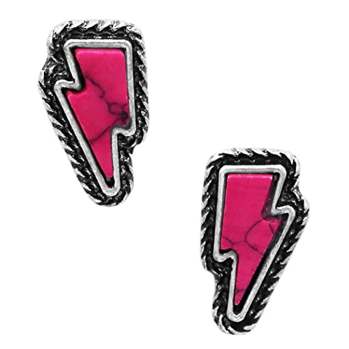 Rosemarie & Jubalee Women's Western Style Celestial Shapes With Colorful Semi Precious Natural Howlite Stone Hypoallergenic Post Back Earrings, 0.62' (Lightning Bolt Fuchsia Pink)