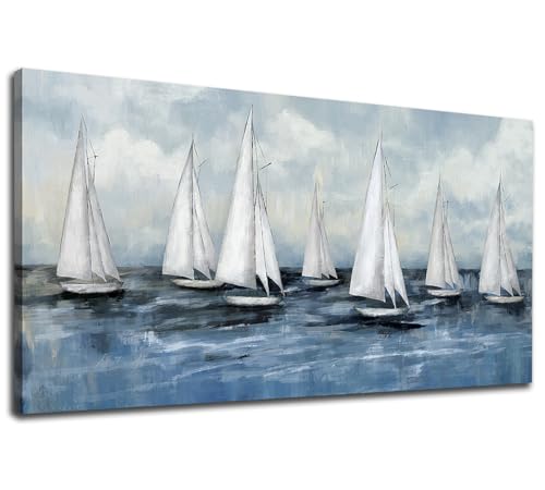 Sea Sailboat Canvas Wall Art Abstract Ocean Pictures Nautical White Sailboats Painting Prints Seascape Artwork Large Wall Decorations for Living Room Bedroom Home Office 20' x 40'