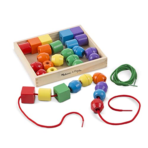 Melissa & Doug Primary Lacing Beads - Educational Toy With 30 Wooden Beads and 2 Laces - Beads For Toddlers, Fine Motor Skills Lacing Toys For Toddlers And Kids Ages 3+, 8inx8inx2in, Multi