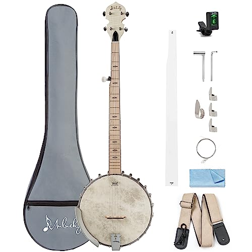 Mulucky 5 String Banjo, Full Size with 24 Brackets, Open Back, Maple Banjos with Remo Head, Geared 5th Tuner, Gift Package with Beginner Kit - MB1101