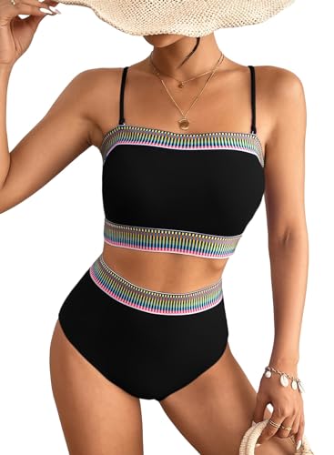 Herseas Women 2 Piece Bandeau Swimsuits 2024 Summer Black Strapless Bandeau Bikini Set High Cut high Waisted Bathing Suits X-Small 0 2