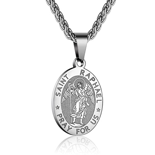 P. BLAKE St.Raphael Pendant Necklace for Men Boys Stainless Steel Catholic Saint Raphael Archangel Medal with Chain 24 Inches