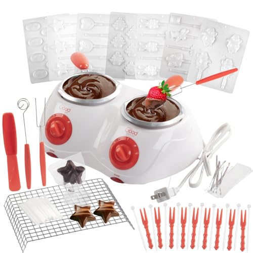 Dual Electric Chocolate Melting Pot Gift Set- Candy Making or Cheese Fondue Fountain Kit w/ 30 Free Accessories - 7 Fun Mold Trays & Dipping Forks - Appetizers & Desserts - A Great Mother's Day Gift